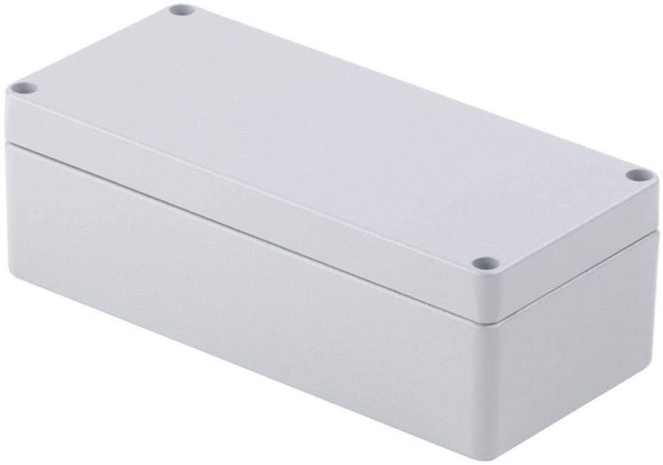 Graues, rechteckiges Gehäuse mit abgerundeten Ecken, geeignet für elektronische Bauteile oder Anschlüsse.