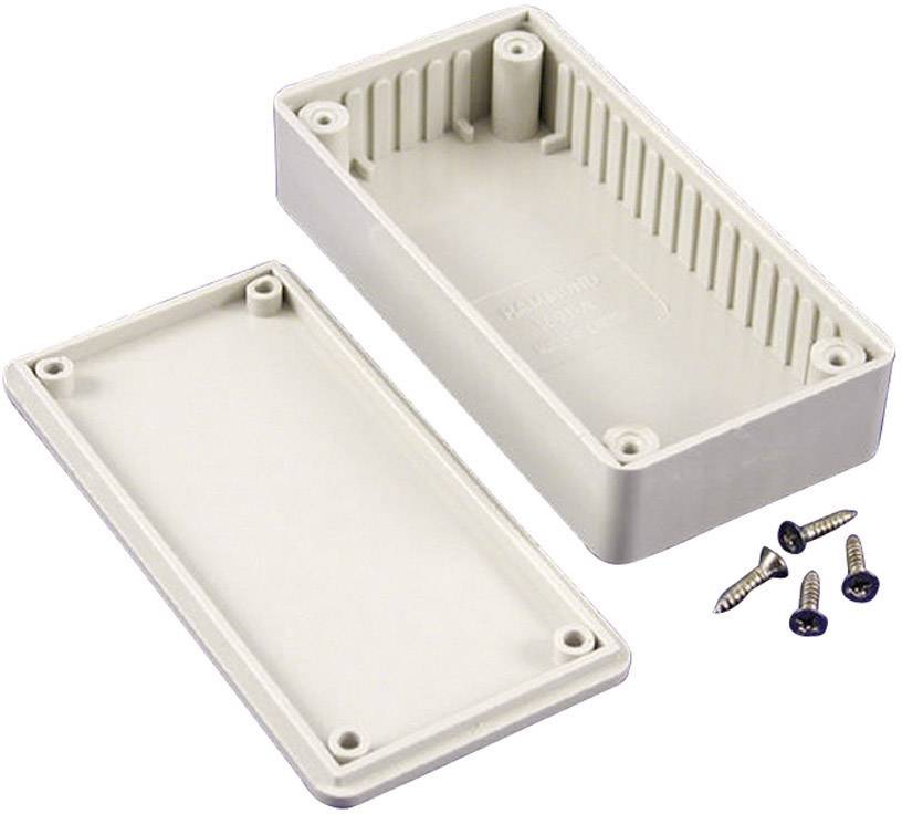 Beige Kunststoffgehäuse aus zwei Teilen, geöffnet und flankiert von schwarzen Schrauben. Geeignet für elektronische Schaltungen.