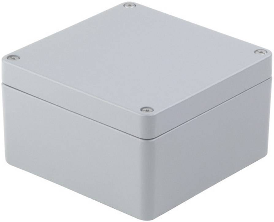Graues, quadratisches Gehäuse mit abgerundeten Kanten und vier Schrauben in den Ecken, geeignet für elektrische Anschlüsse.