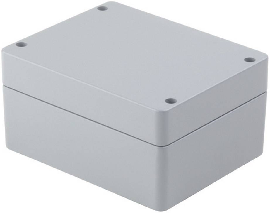 Graues rechteckiges Gehäuse mit abgerundeten Ecken und vier Schraubenlöchern, geeignet zum Schutz von elektrischen Komponenten.