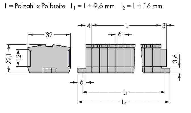 Diagramm für Stecker: L = Polzahl x Polbreite, L1 = L + 9,6 mm, L2 = L + 16 mm. Maße: 22,1 x 32 mm, Höhe 6 mm. Seitenansicht und Draufsicht.