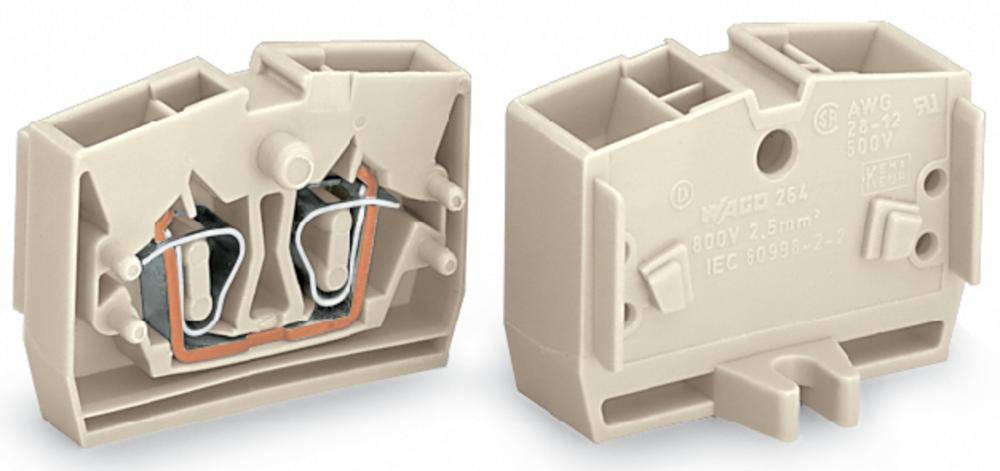 Zwei beige Kunststoffsteckverbinder, einer von vorne, einer von hinten gezeigt. Vorderseite zeigt metallische Befestigungselemente.