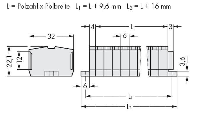 Technische Zeichnung einer Steckverbindung. Zeigt Polzahl x Polbreite, Längenformeln (L1 = L + 9,6 mm, L2 = L + 16 mm), und Abmessungen.