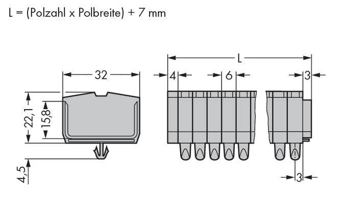 Diagramm eines elektrischen Steckverbinders mit Maßangaben. Länge (L) wird berechnet als 'Polzahl x Polbreite + 7 mm'.