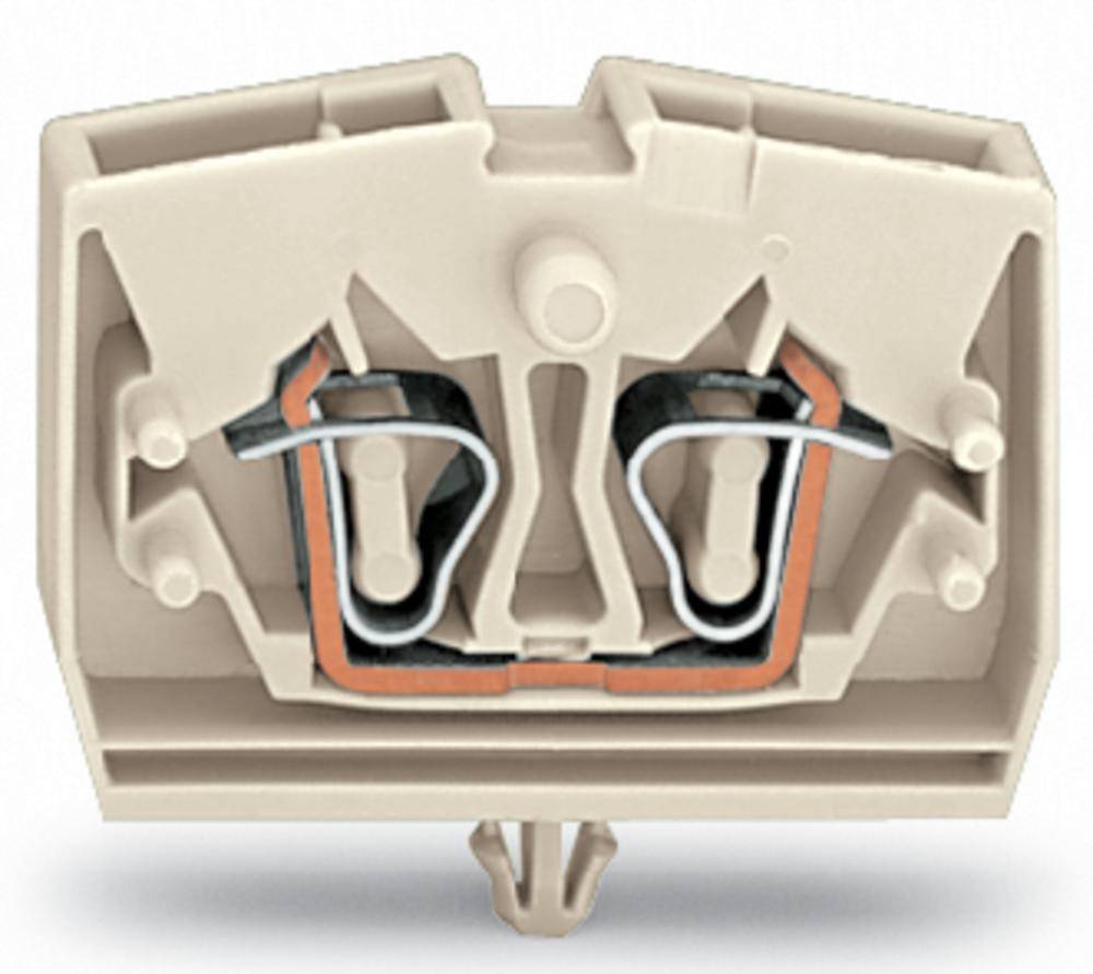 Beige Klemme mit zwei metallischen Kontakten und Schraubbefestigung, verwendet für die elektrische Verdrahtung in Schalttafeln.