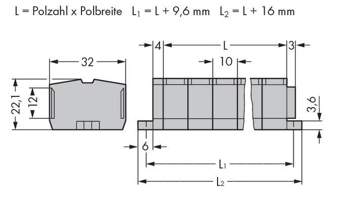 Technische Zeichnung eines Bauteils mit Abmessungen in Millimetern. Breite 32, Höhe 22,1, Gesamtlänge variiert je nach Polzahl.