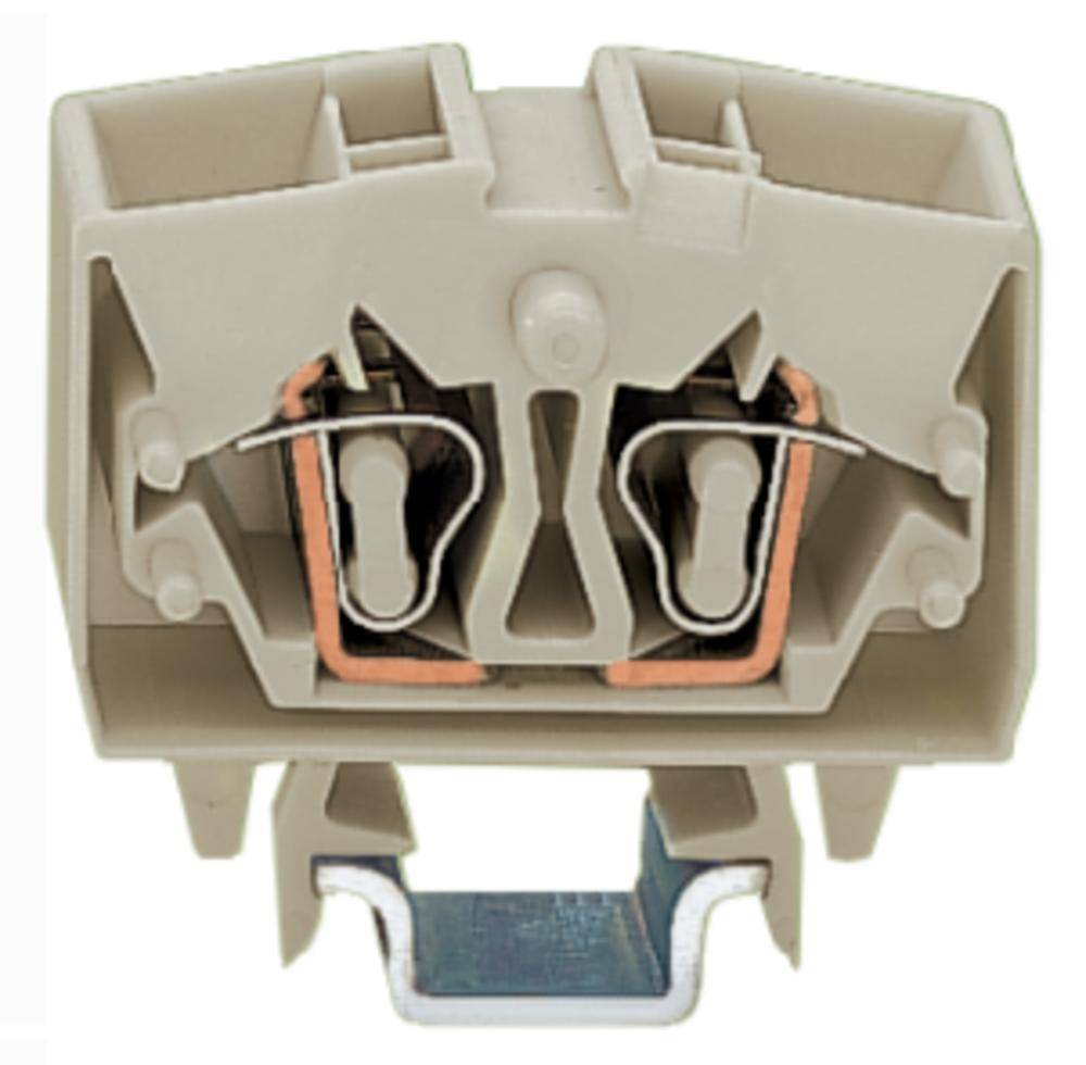 Eine beige Anschlussklemme mit metallischen Kontakten und Halterung, zur elektrischen Verdrahtung auf Hutschienen in Schalttafeln geeignet.