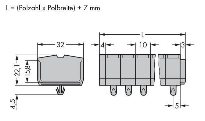 Technische Zeichnung eines Steckverbinders, zeigt Maße: Höhe 22,1 mm, Breite 32 mm, Länge 10 mm. Formel zur Längenberechnung angegeben.