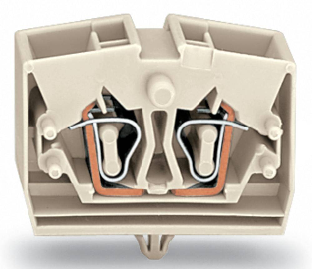 Beige Steckverbinder mit zwei Klemmen, Metallkontakte sichtbar. Verwendet für elektrische Verbindungen in verschiedenen Anwendungen.