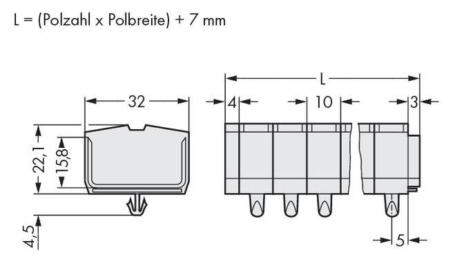Technische Zeichnung einer Steckverbindung mit den Maßen: 32 mm Breite, 15,8 mm Höhe, 22,1 mm Länge. Enthält Berechnungsformel.