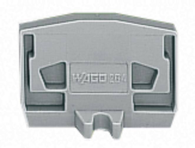 Graue Abdeckplatte für Klemmen. Aufschrift: 'WAGO 209-4'. Dient zum Schutz und zur Isolation elektrischer Installationen.