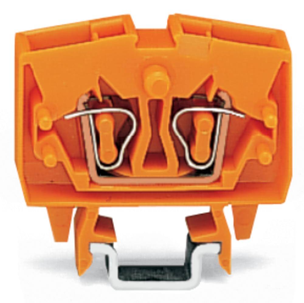 Ein orangefarbener elektrischer Steckverbinder mit offenen Metallklemmen und Halterung, zur Verwendung in elektronischen Schaltungen.