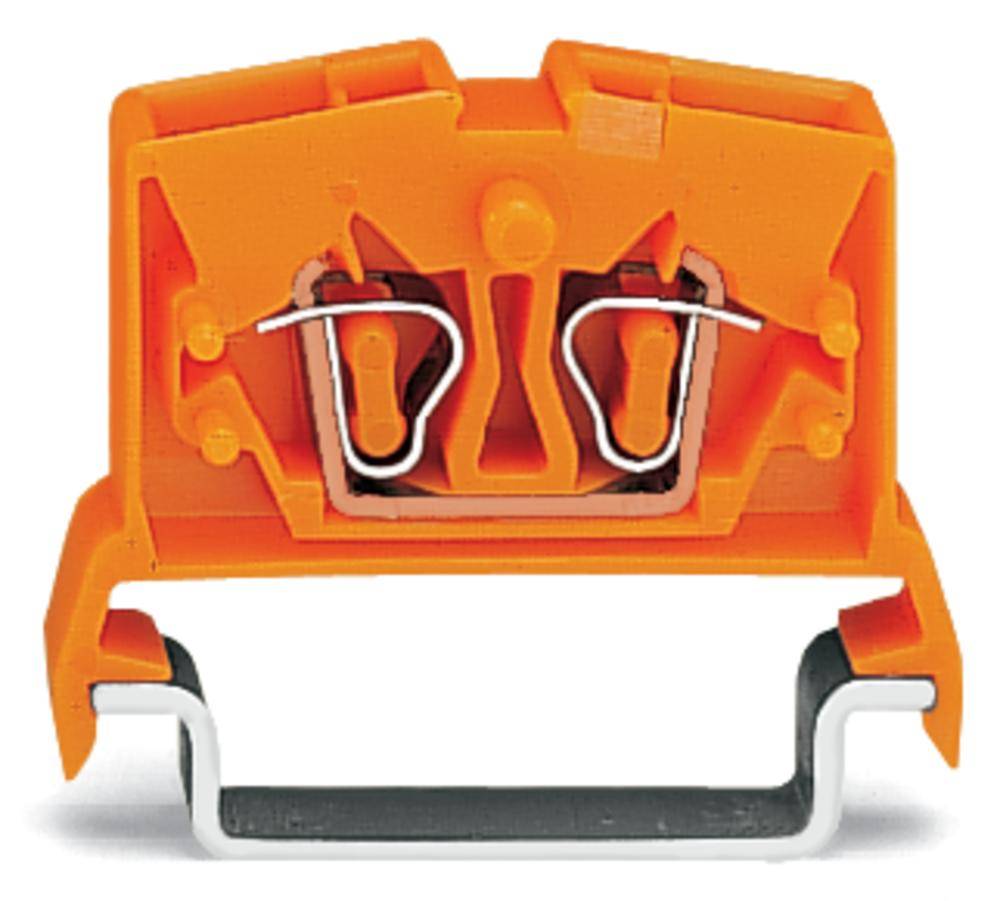 Ein orangefarbener elektrischer Klemmblock mit Metallverbindungen und Befestigungselementen. Verwendet für den sicheren Anschluss von Kabeln.