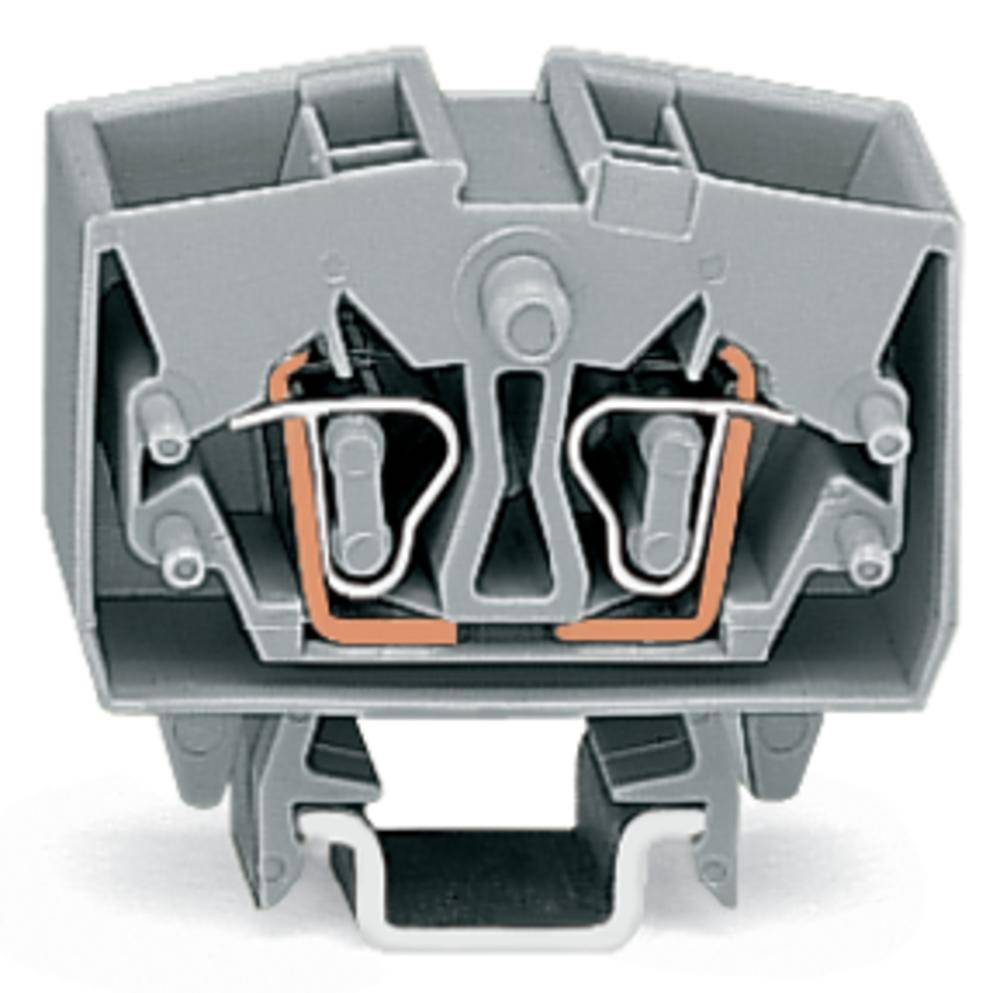 Grau-orangenes elektrisches Verbindungselement, Detailansicht von vorne, technische Komponenten sichtbar.