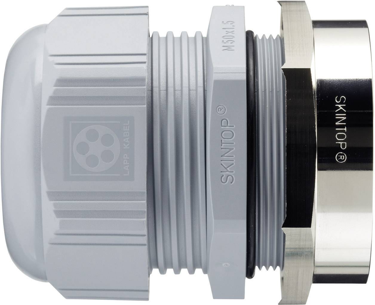 'Verschraubung aus Metall mit zylindrischem Kunststoffteil und gezahnter Schraubbefestigung, markiert mit 'SKINTOP' an der Seite.'