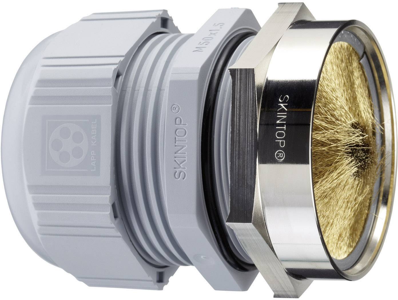 Graues Kabelverschraubungselement mit metallischer Bürsteinsatz auf der rechten Seite. Enthält Aufschrift 'SKINTOP'.