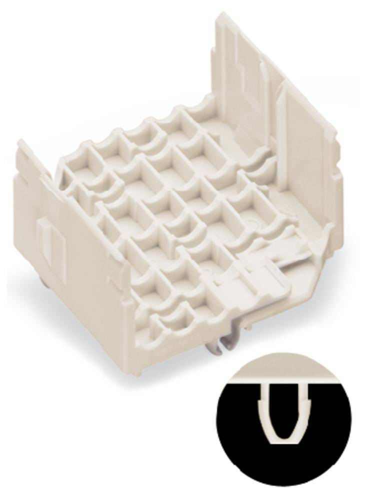 Kabelhalterung aus Kunststoff mit mehreren rechteckigen Fächern zur Organisation von Kabeln, daneben eine schematische Ansicht.