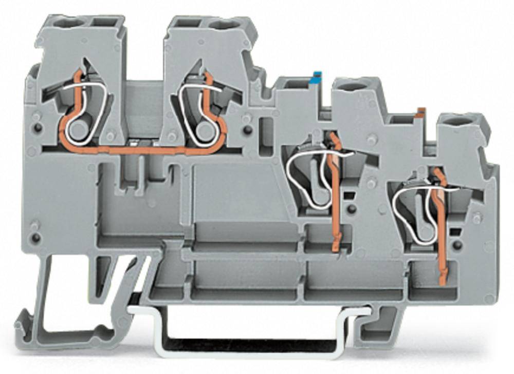 Graue elektrische Anschlussklemme mit zwei Kupferleitungen und Schraubverbindungen zur sicheren elektrischen Verbindung.