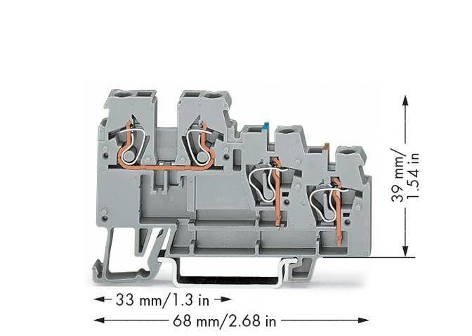 Grauer, mehrstöckiger Reihenklemmenblock mit Kupferleitungen, seitlich gesehen. Maße: 39 mm hoch, 33 mm breit, 68 mm lang.