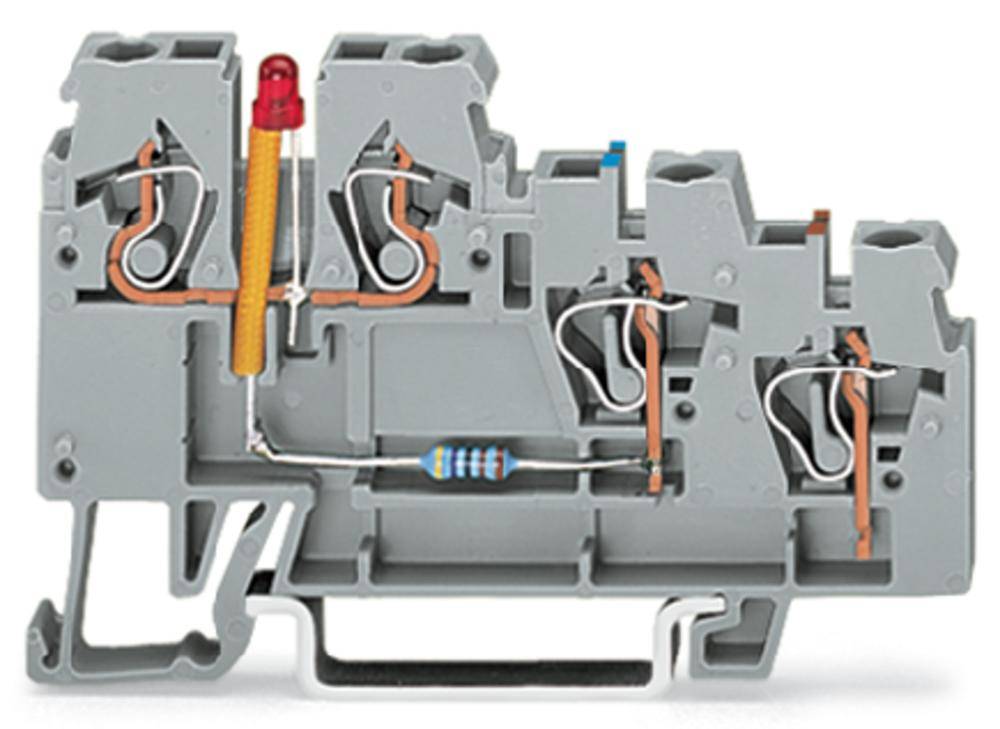 Ein grauer Klemmenblock mit rotem und gelbem Drahtanschluss, zeigt interne Anschlüsse und einen Widerstand.