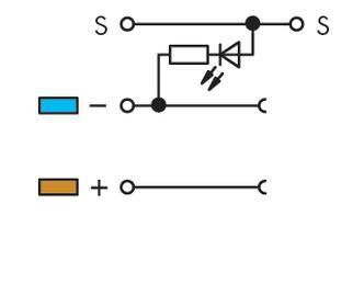 Schaltplan einer LED in einer Reihenschaltung. Oben: Schalter, LED-Symbol und zwei S-Punkte. Unten: Farbcode-Symbol mit Pluspol.