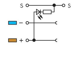 Schaltplan eines elektrischen Kreises mit Leuchtdiode, zwei Anschlusspunkten und Schaltern. Obere Linie verbindet S-Punkte.