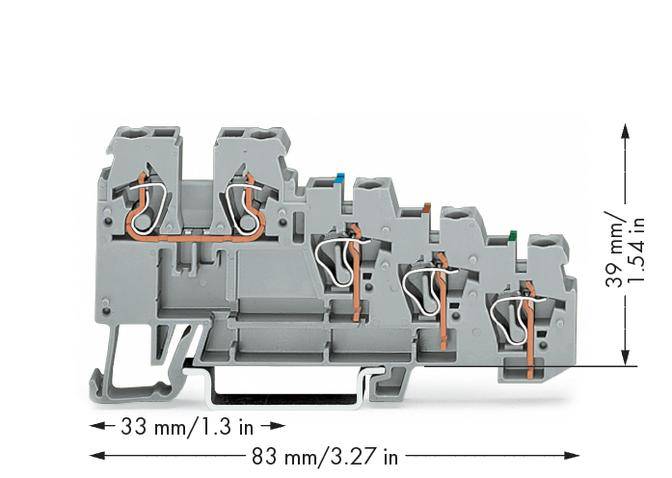 Durchschnittliche graue Klemme mit den Maßen: Breite 83 mm/3,27 in, Höhe 39 mm/1,54 in, Tiefe 33 mm/1,3 in.