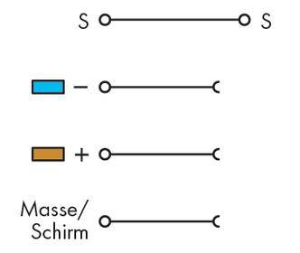Schaltplan: Zwei Symbole, 'S' zeigt offenen Schalter, andersfarbige Linien deuten auf positive und negative Leitungen hin.