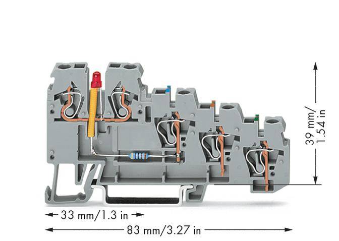 Klemmenblock mit vier Anschlüssen, einem integrierten Widerstand und einer roten Anzeigeleuchte. Maße: 33 mm breit, 39 mm hoch, 83 mm lang.