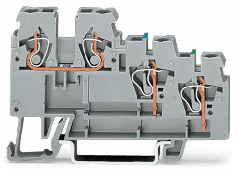 Graue elektrische Reihenklemme mit Kupferleitungen, zeigt Verbindungspunkte und internale Leitungsführung für Stromkreise.