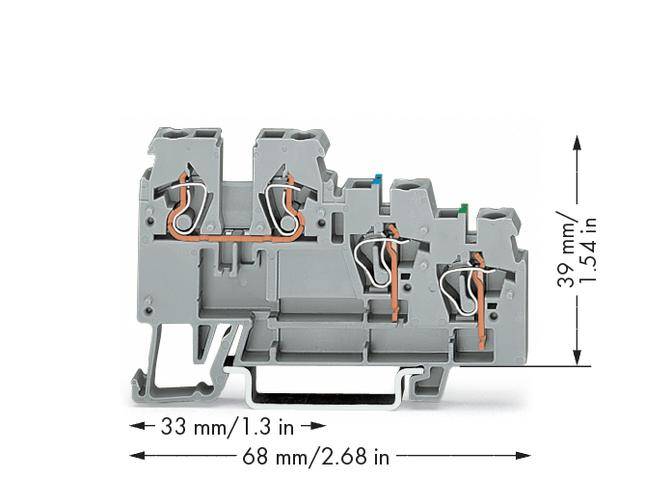 'Schraubanschlussklemme', graues Kunststoffgehäuse mit Kupferanschlüssen, 33 mm breit, 68 mm lang, 39 mm hoch.