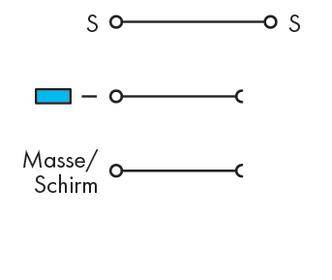 Diagramm zeigt drei Darstellungen von elektrischen Schaltungen mit Symbolen für Quelle, Last und Leitung. Beschriftet 'Masse/Schirm'.