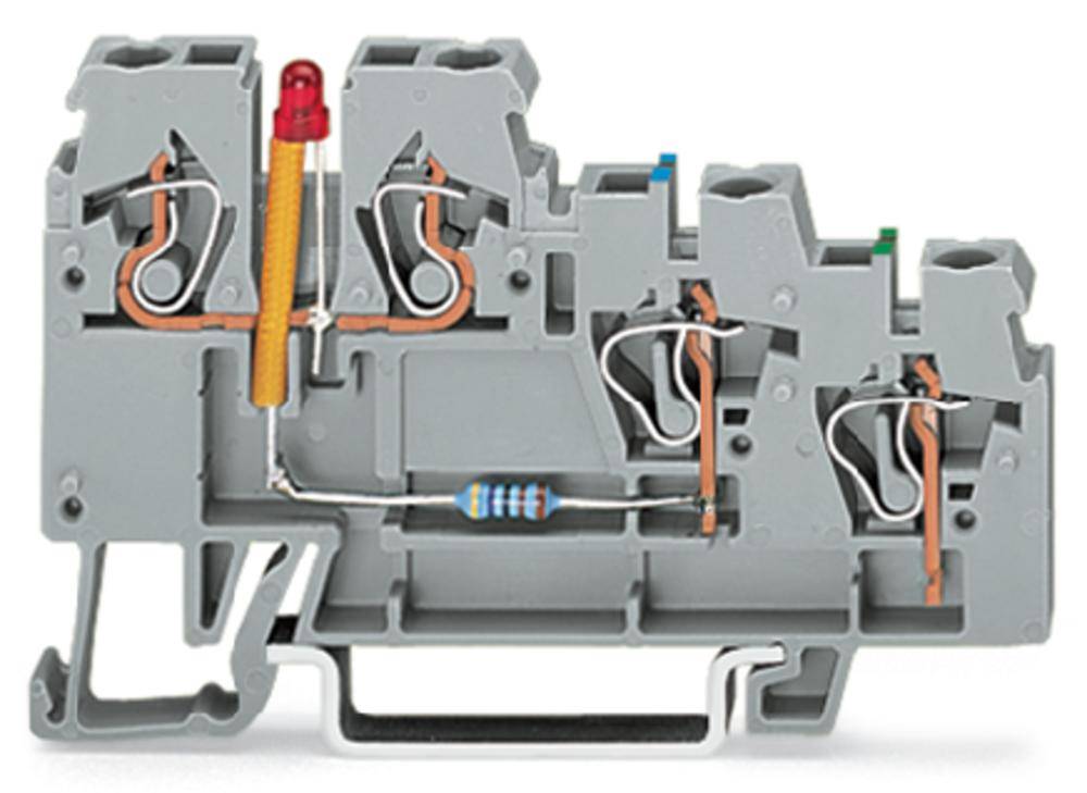 Graue elektrische Klemmenleiste mit integriertem Widerstand und LED, die für den Einsatz in Schaltschränken oder Verteilerkästen geeignet ist.