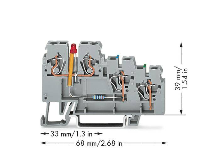 Mehrstock-Reihenklemme mit Widerstand und Leuchte zur Anzeige; Abmessungen: Höhe 39 mm, Breite 68 mm, Tiefe 33 mm.