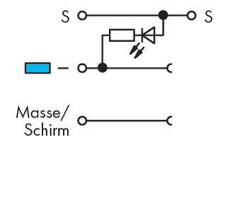 Schaltplan: Obere Linie zeigt zwei Stecker, LED mit Widerstand. Untere Linie bezeichnet als Masse/Schirm. Verbindungspunkte markiert.