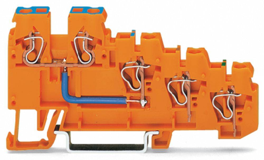 Ein orangefarbener elektrischer Klemmenblock mit mehreren Schraubverbindungen und blauen Kabeln zur Befestigung von elektrischen Leitungen.