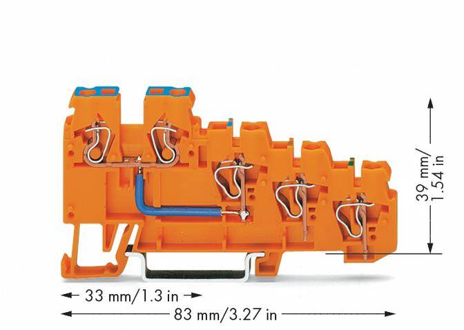 Orange Kunststoffklemme mit Metallverbindungen, zwei Drahtschlaufen und blauen sowie schwarzen Leitungen. Maße: 33 mm x 83 mm x 39 mm.