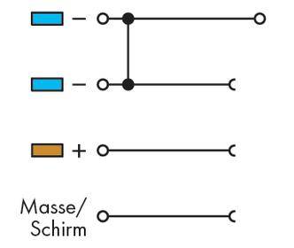 Diagramm eines elektrischen Schaltplans: Obere Linie zeigt negative Masseverbindung, mittlere Linie positive Verbindung, untere Linie Masse/Schirm.