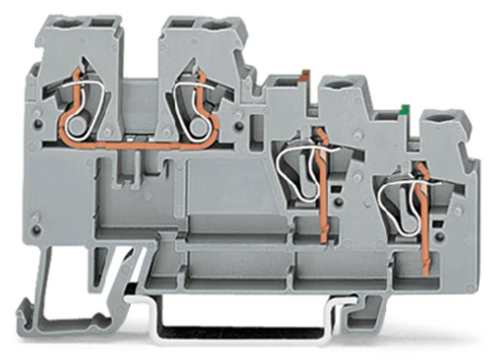 Grauer Kunststoff-Elektroanschlussblock mit Kupferleitungen, seitliche Ansicht. Geeignet zur Verdrahtung in elektrischen Schaltschränken.