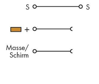 Schematische Darstellung eines Kabels mit einem rechteckigen Element zur Signalleitung, Plusleitung und Masse/Schirm angezeigt.