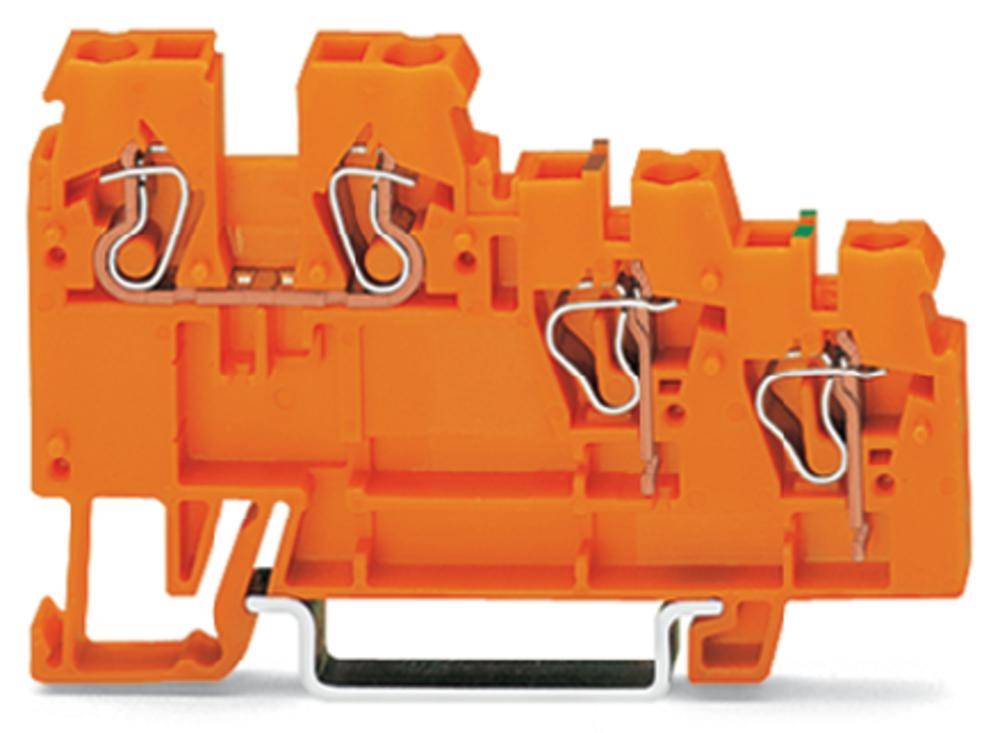 Eine orangefarbene Reihenklemme mit Federklemmmechanismus, geeignet zur sicheren elektrischen Verbindung von Drähten in Schaltschränken.