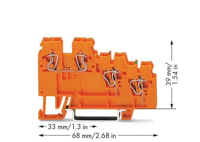 Oranger Kabelklemmenblock mit drei Klemmen. Maße: 33 mm breit, 68 mm lang, 39 mm hoch. Seitenansicht mit Drahtverbindungen sichtbar.