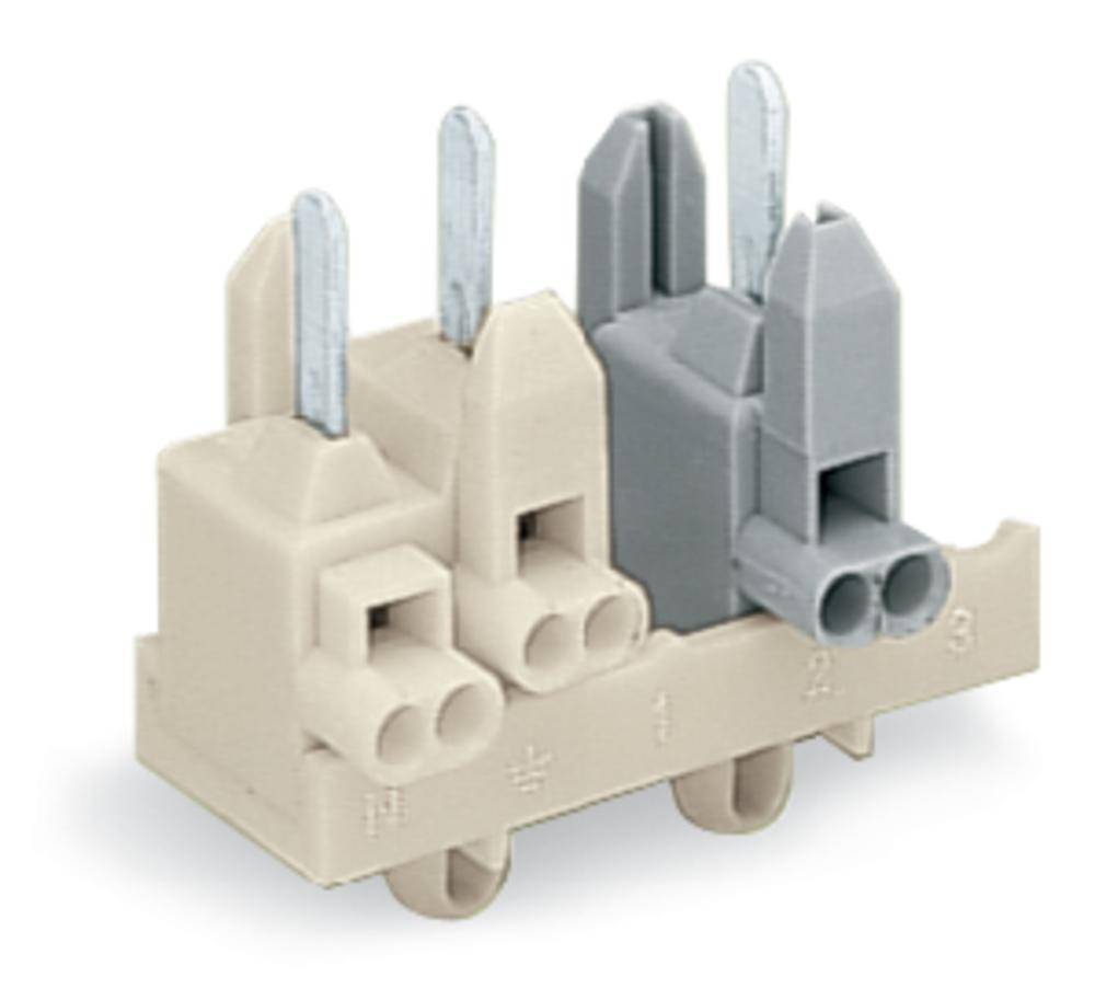 Ein grauer und zwei beige elektrische Steckeradapter mit Anschlüssen und Klemmen, markiert mit den Zahlen 1 bis 3.