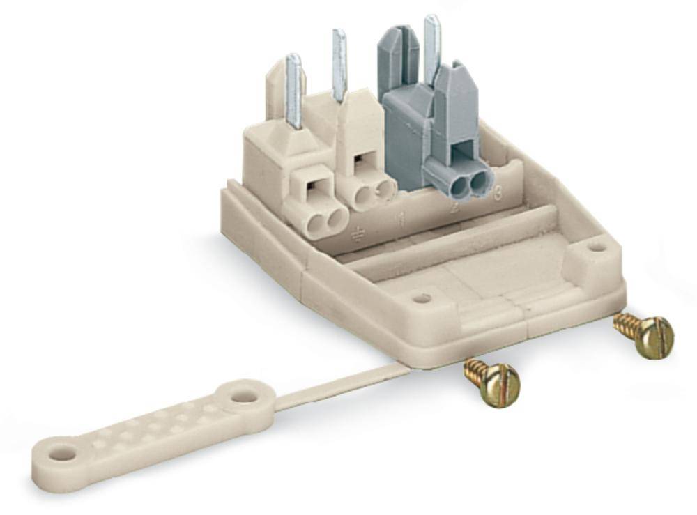 Ein Kunststoffstecker mit drei Anschlussklemmen und zwei goldfarbenen Schrauben, bereit zur Verkabelung in einem elektrischen Gerät.