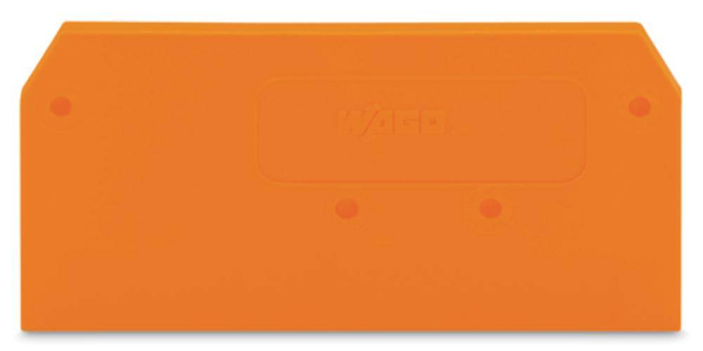 Oranger Abdeckungskamm, rechteckig, mit aufgedrucktem Logo in der Mitte. Verwendet für elektrische Verbindungen zur Sicherheit.