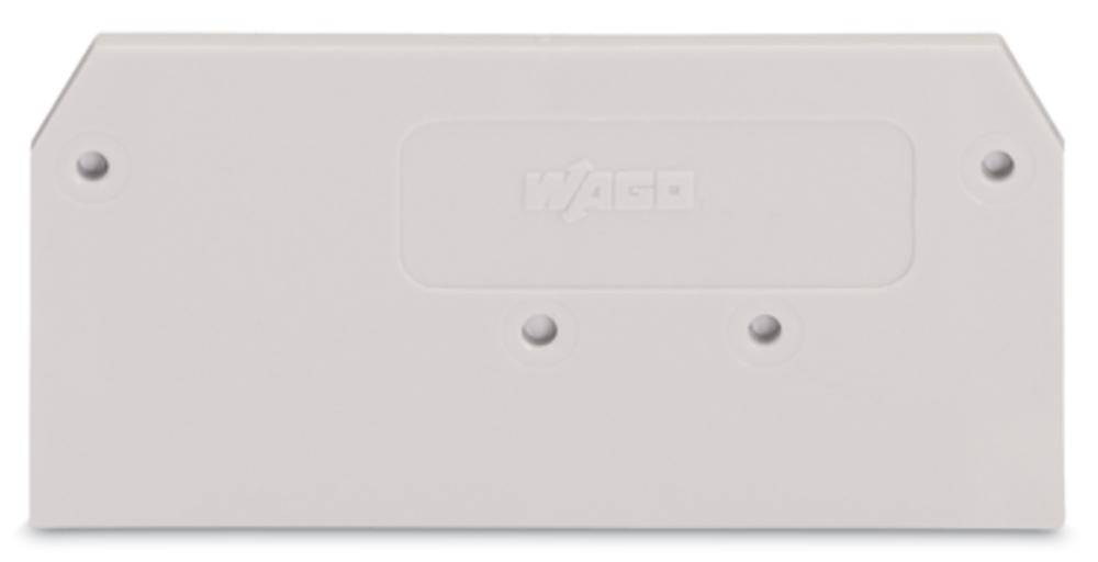 Graue Abdeckkappe mit dem Logo eines Herstellers. Sie hat drei sichtbare Löcher und abgeschrägte Ecken.