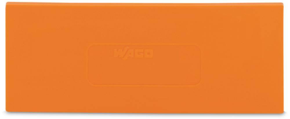 Rechteckige orange Abdeckung mit dem eingeprägten Namen 'WAGO', vermutlich ein Zubehörteil für Kabelverbindungen oder Elektronik.