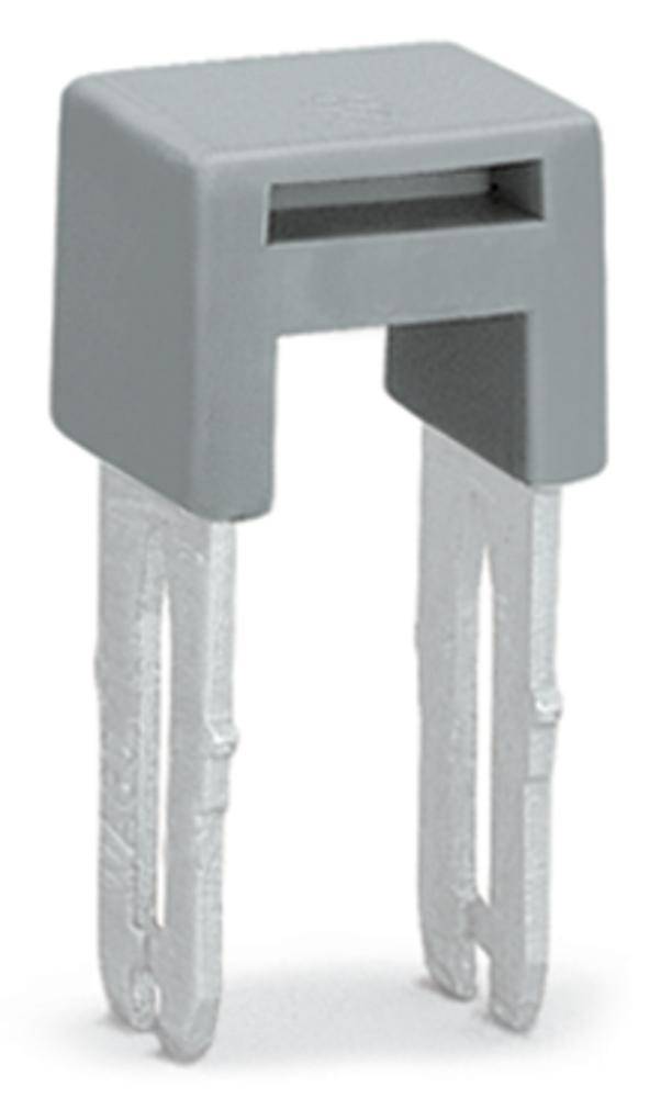 Grauer Kunststoffbrückenschalter mit zwei Metallstiften; wird in elektronischen Schaltungen zur Unterbrechung oder Verbindung von Stromkreisen verwendet.