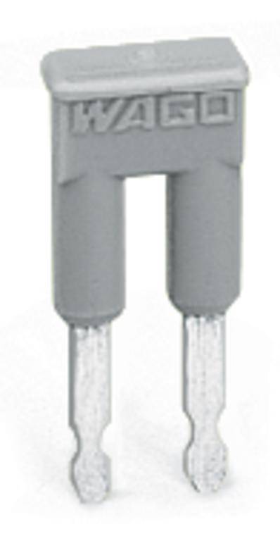 Grauer Brückenstecker mit zwei Metallkontakten, oben mit dem Schriftzug 'WAGO' gekennzeichnet.