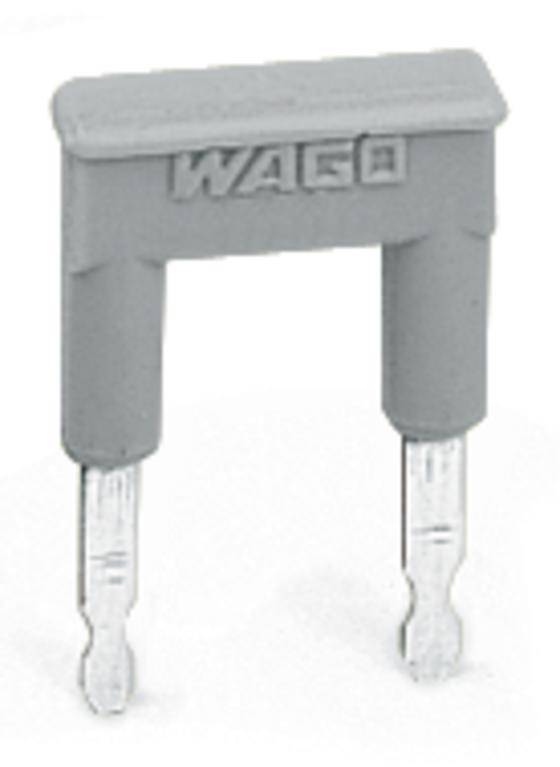 Grauer WAGO-Trennstecker mit zwei Metallstiften, frontalansicht. Verwendet zur Verbindung von elektrischen Leitungen.